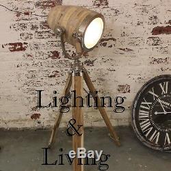 WOODEN FLOOR SPOT LAMP TRIPOD STAND Raw Nickel Vintage Decor Theater Searchlight