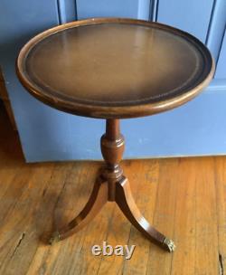Wood Imperial USA Tripod Side end Plantstand Table Vtg antique leather top