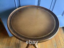 Wood Imperial USA Tripod Side end Plantstand Table Vtg antique leather top
