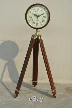 Wooden Floor Clock with Antique Finish Stand Vintage Style Industrial Tripod