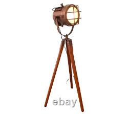 Wooden Tripod Spotlight Designer Floor Lamp Brass Studio Light Tripod Vintage