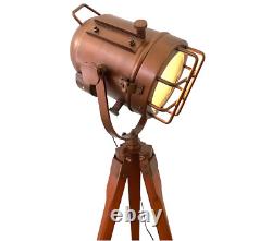 Wooden Tripod Spotlight, Designer Floor Lamp, Brass Studio Light, Tripod Vintage