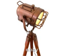 Wooden Tripod Spotlight, Designer Floor Lamp, Brass Studio Light, Tripod Vintage
