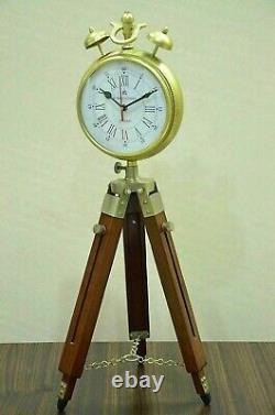 Wooden Vintage Clock With Adjustable Tripod Stand Metal Alarm Clock Style Decor