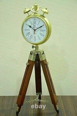 Wooden Vintage Clock With Adjustable Tripod Stand Metal Alarm Clock Style Decor