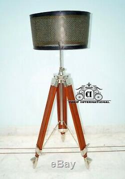 Wooden chrome shade big floor lamp tripod stand nautical antique vintage style