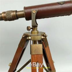 14,17 Cuivre Vintage Binocular Telescope En Cuir Avec Support De Trépied En Bois