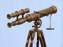18 Plancher Antique De Télescope En Laiton Restant Avec La Réplique En Bois De Cru De Trépied