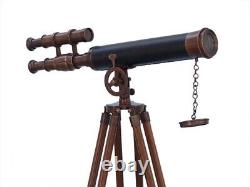 18 Télescope nautique en laiton antique avec trépied en bois debout