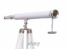 39 Marine Vintage Collection White Leather Nautical Telescope Avec Trépied Stand