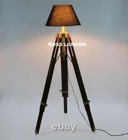 Ancienne Lampe D'ombre De Plancher Nautical Vintage Marron En Bois Trépied Stand À La Maison
