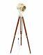 Ancienne Vintage Laiton Recherche Spotlight Focus Lampadaire Sur Pied De Trépied En Bois