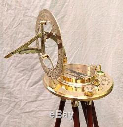 Antique Brass Nautique 8 ' ' Pouces Sundial Boussole Avec Trépied Vintage En Bois