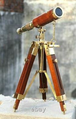 Antique En Laiton Marin Télescope En Cuir Avec Trépied En Bois Stand Vintage Cadeau
