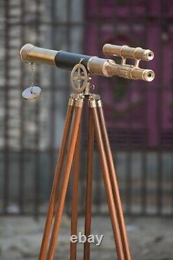 Antique Leather Leather Levle Telescope Vintage Double Barrel Scope With Wooden Tripod