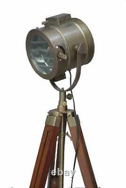 Antique Nautical Vintage Brown Spotlight Avec Lampe De Sol Trépied Recherche Lumière