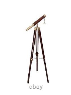 Décoration nautique vintage : Téléscope en laiton massif avec trépied en bois antique CA24