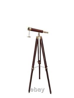 Décoration nautique vintage : Téléscope en laiton massif avec trépied en bois antique CA24