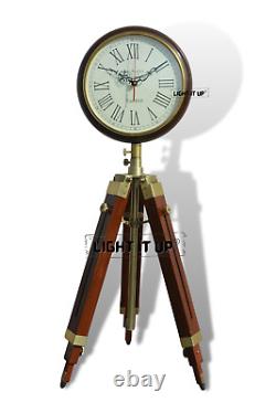 Grand Pères Vintage Style Trépied En Bois Stand Horloges Bureau Laiton Antique Table