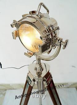 Hollywood Nautical Spotlight Vintage Lampe De Sol Trépied En Bois