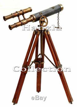 Laiton Cuir Antique Vintage Telescope Double Barrel Portée Avec Trépied En Bois