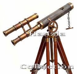 Laiton Cuir Antique Vintage Telescope Double Barrel Portée Avec Trépied En Bois