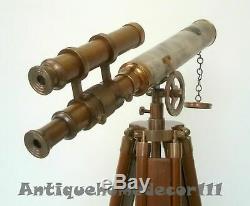 Laiton Massif Antique Nautique Télescope Avec Trépied En Bois Support En Cuir Vintage
