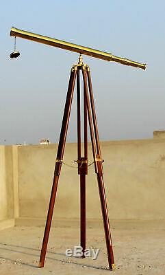 Laiton Massif Télescope Nautique Avec Trépied En Bois Debout Cadeau Vintage Unique