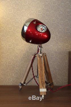 Lampe De Bureau Vintage De Phare De Moto Avec Trépied En Bois