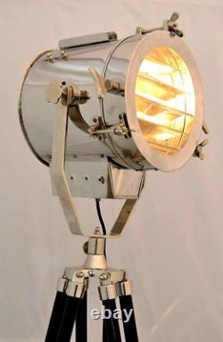 Lampe De Recherche Nautique Spotlight Antique Vintage Style Trépied En Bois Noir