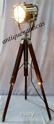 Lampe De Sol Nautique Avec Trépied En Bois Réglable Stand Vintage Spot Light Decor