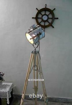 Lampe De Sol Vintage Spotlight Avec Trépied En Bois Chrome Finition Spot Light
