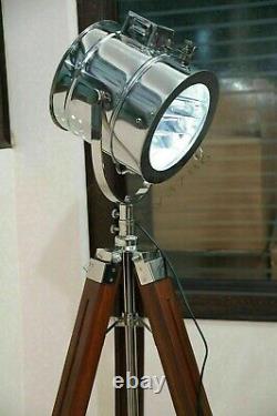 Lampe Vintage Projecteur de Recherche Spot sur Trépied en Bois de Plancher Support Nautique Studio