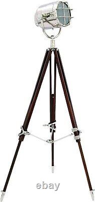 Lampe de projecteur de recherche vintage sur pied trépied en bois nautique