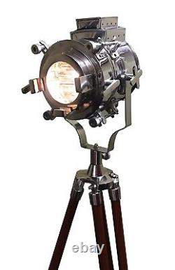 Lampe de sol à projecteur chromé nautique sur trépied en bois lampe vintage pour salon