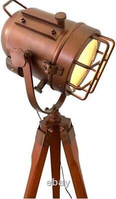 Lampe de sol en bois design trépied projecteur en laiton vintage pour la décoration