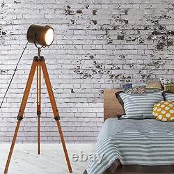 Lampe de sol industrielle vintage à trépied noir - Hauteur réglable en bois moderne