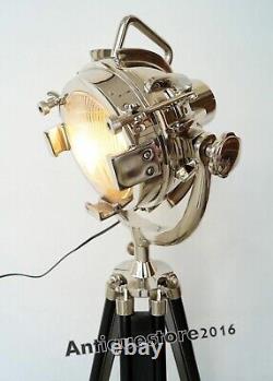 'Lampe de sol marine design vintage trépied en bois éclairage projecteur de recherche'