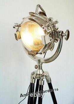 'Lampe de sol marine design vintage trépied en bois éclairage projecteur de recherche'