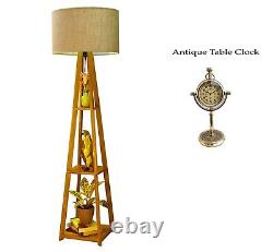 Lampe de sol trépied en bois vintage avec horloge de table en laiton, décoration intérieure et article cadeau