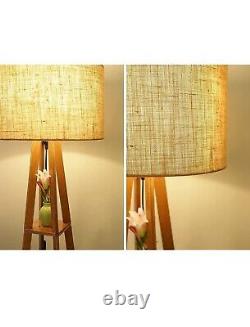 Lampe de sol trépied en bois vintage avec horloge de table en laiton, décoration intérieure et article cadeau