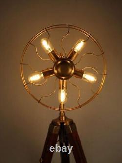 Lampe de sol vintage à trépied en bois, forme de ventilateur, réglable avec 5 ampoules
