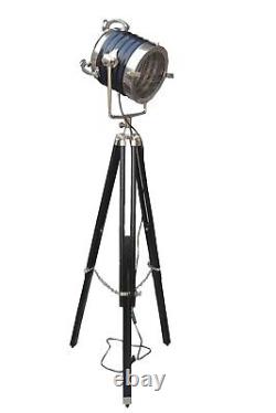 Lampe sur pied en bois, chrome et noir à projecteur de recherche de style vintage nautique