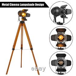 Lampe sur pied en bois style caméra rétro avec trépied réglable