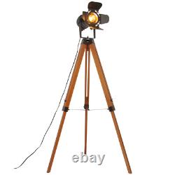 Lampe sur pied en bois style caméra rétro avec trépied réglable