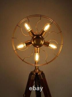 Lampe sur pied réglable en forme de ventilateur à 5 ampoules en bois vintage