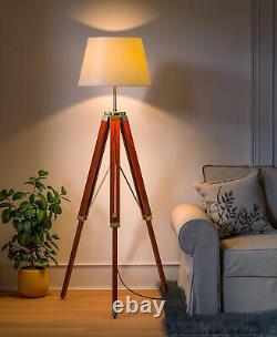 Lampe sur pied trépied en bois vintage finition antique brune décorative