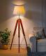 Lampe Sur Pied Trépied En Bois Vintage Finition Antique Brune Décorative