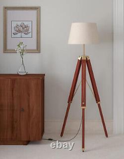 Lampe sur pied trépied en bois vintage finition antique brune décorative