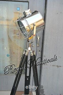 Lumière De Recherche Marine Avec Trépied En Bois Noir Vintage Designer Lampe De Sol Nautique